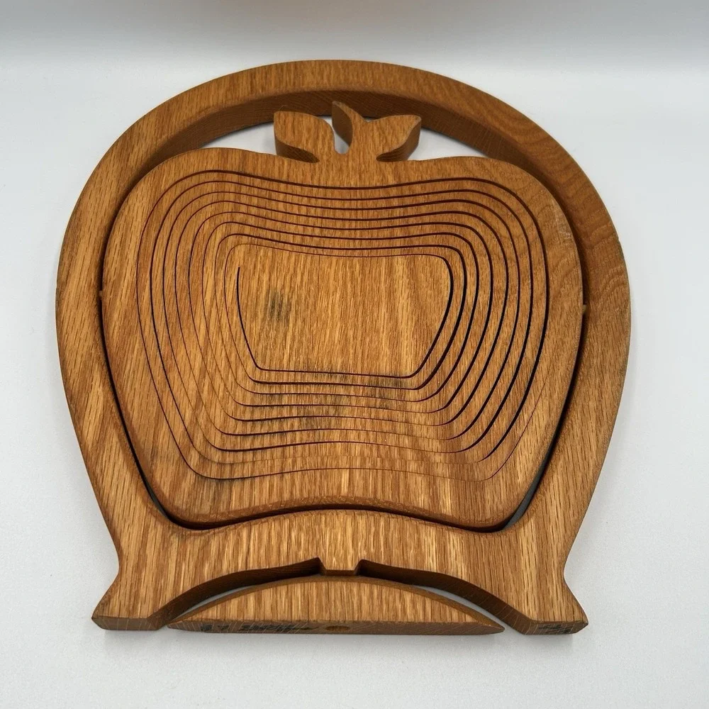 Vintage Wooden Spiral Apple Basket: Signed Amish Style Trivet Cottagecore